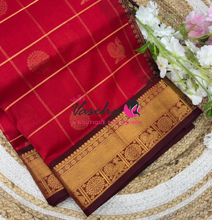 Pure Silk Cotton Saree - Mayil & Chakkaram Design - Red With Brown Shade - VVMC001
