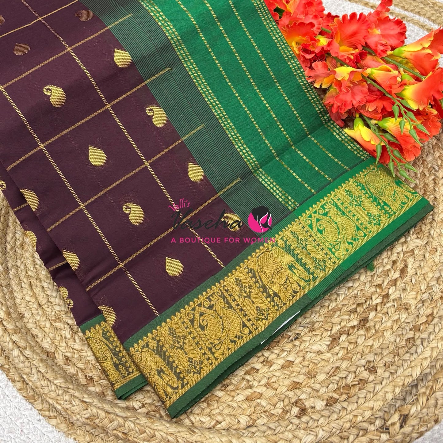 Semi Silk Cotton Saree - Checked Pattern with Butta  - VVSSC013