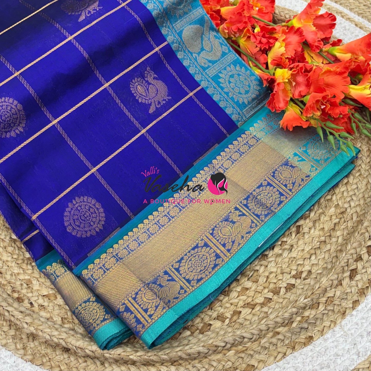 Pure Silk Cotton Saree - Mayil & Chakkaram Design - Blue  With Blue  Shade - VVMC001