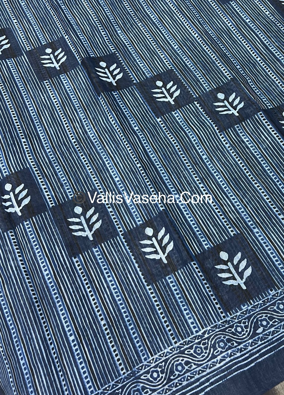 Linen Mixed Cotton Saree - Indigo Blue - Printed - VVLMP001