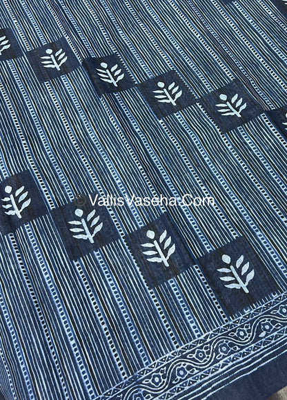 Linen Mixed Cotton Saree - Indigo Blue - Printed - VVLMP001