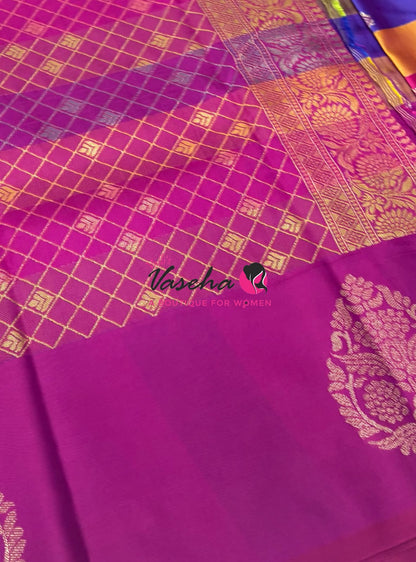 Semi Soft Silk  - Madras Checks Pattern - Purplish Pink Shade - VVSSS042