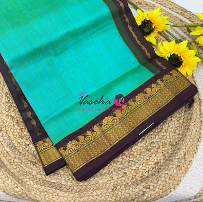 10 yards - Pure Silk Cotton - Turquoise  Blue & Brown - VVTYSC002