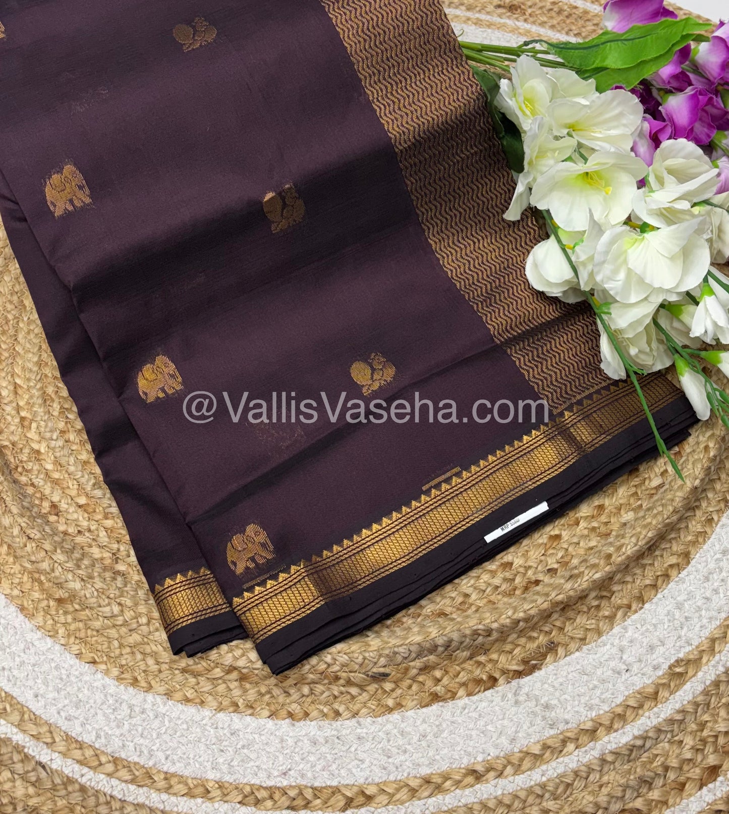 Pure Silk Cotton Saree -  Mayil & Elephant Design - Dark Brown - VVMES001