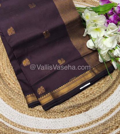 Pure Silk Cotton Saree -  Mayil & Elephant Design - Dark Brown - VVMES001