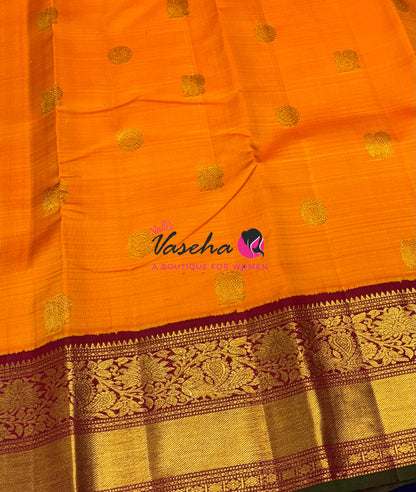 Pure Vintage Korvai Kanchipuram Silk Saree - Mango Yellow With Maroon - VVPS062