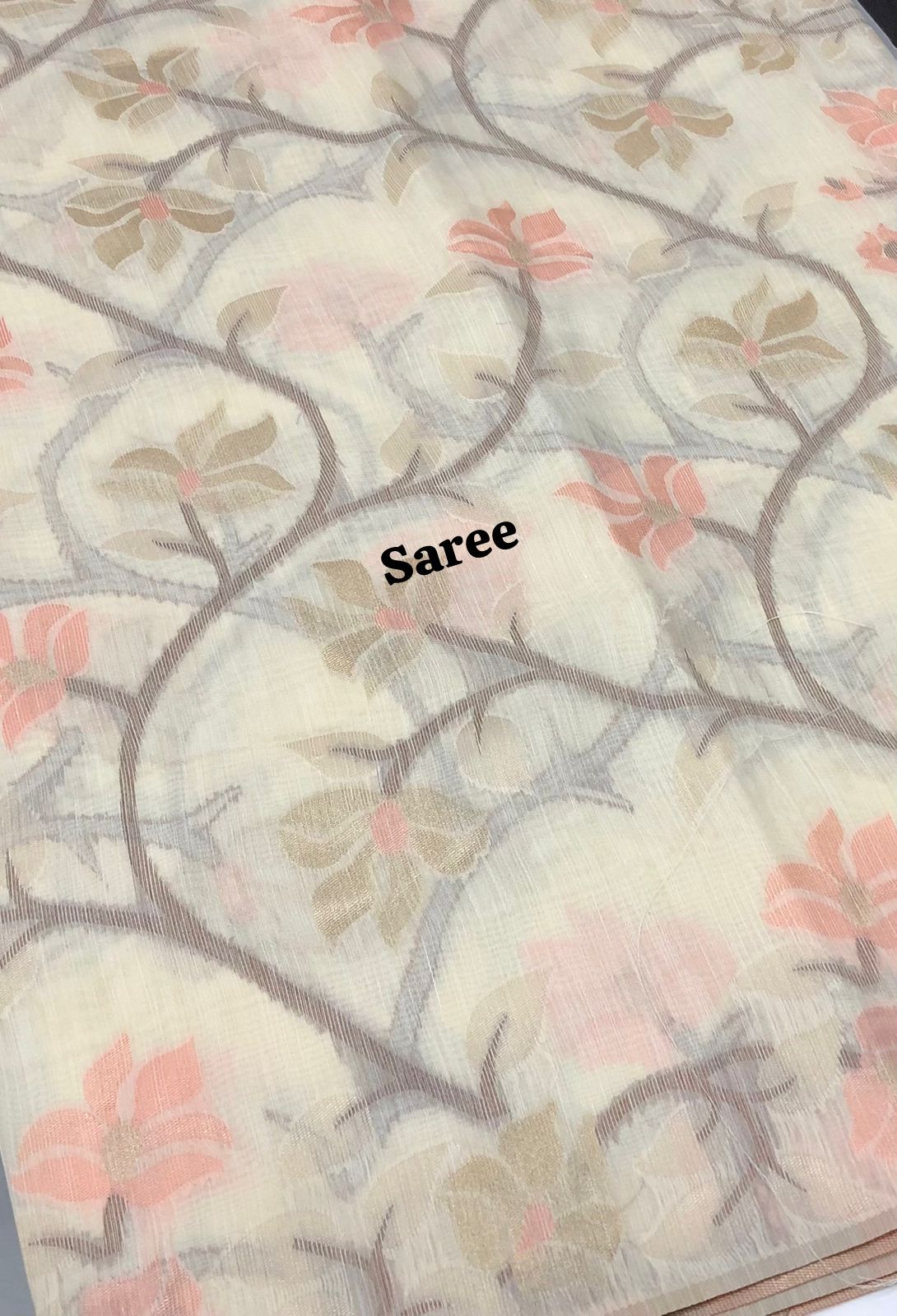 Semi Raw Silk with Jamdhani Design Weaving  - Cream Shade - VVRS001