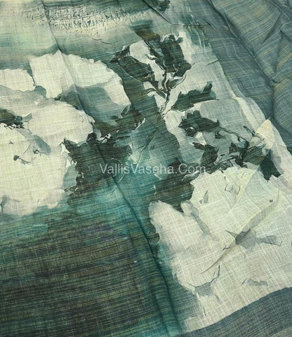 Tissue Linen Saree - Cloud Design - Green Shade - VVTLS002