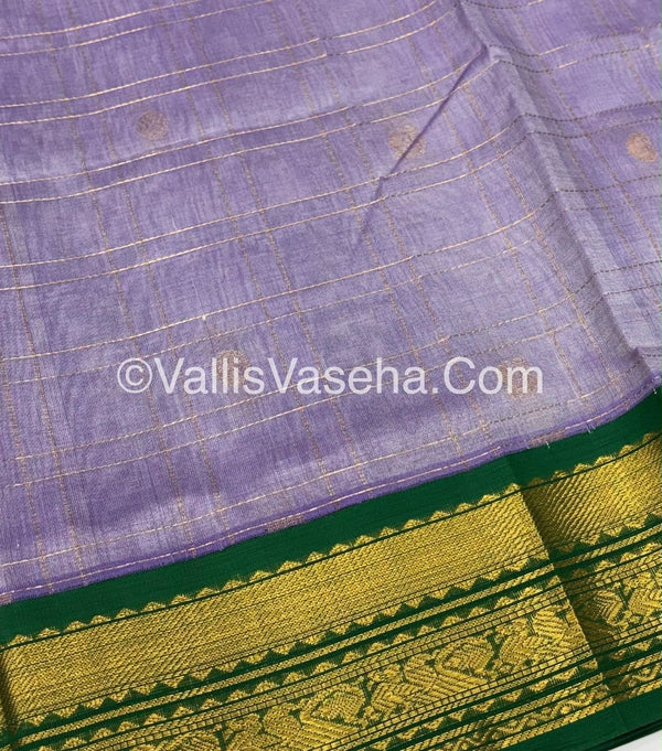 Pure Korvai Silk Cotton - Checks Pattern - Lavender with Green Shade  - VVKSC035