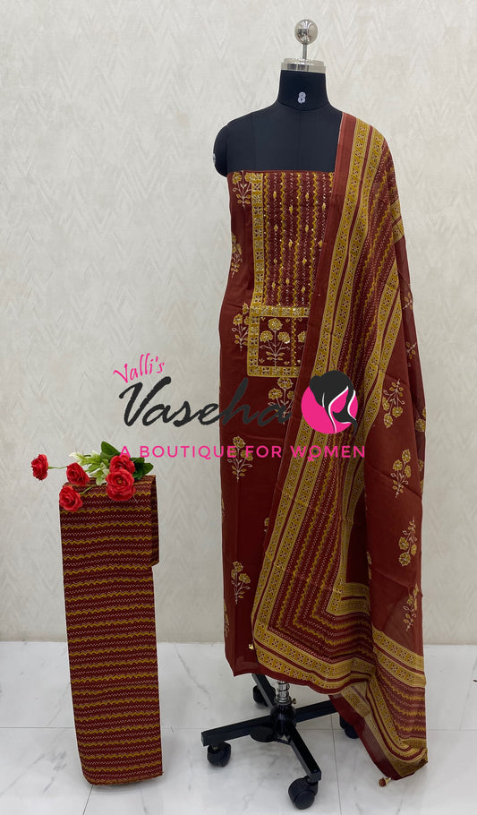 Unstitched Material | Fancy Cotton Material | Rustic Merun Shade | VVUSM087