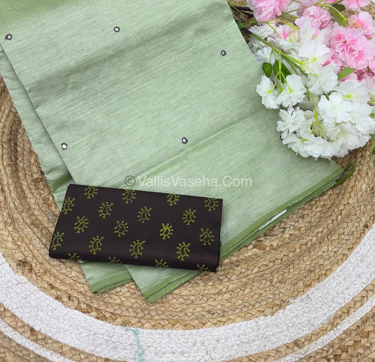 Poly Silk Mixed Cotton - Mirror Work Embroidery - Green with Brown - VVPCM001