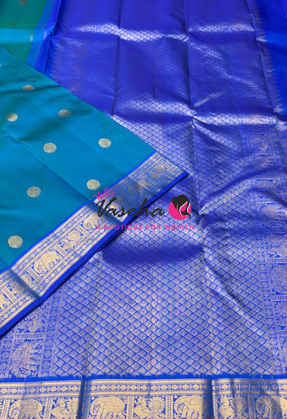 Pure Kanchipuram Silk Saree - Blue & Blue Combo - VVPS025