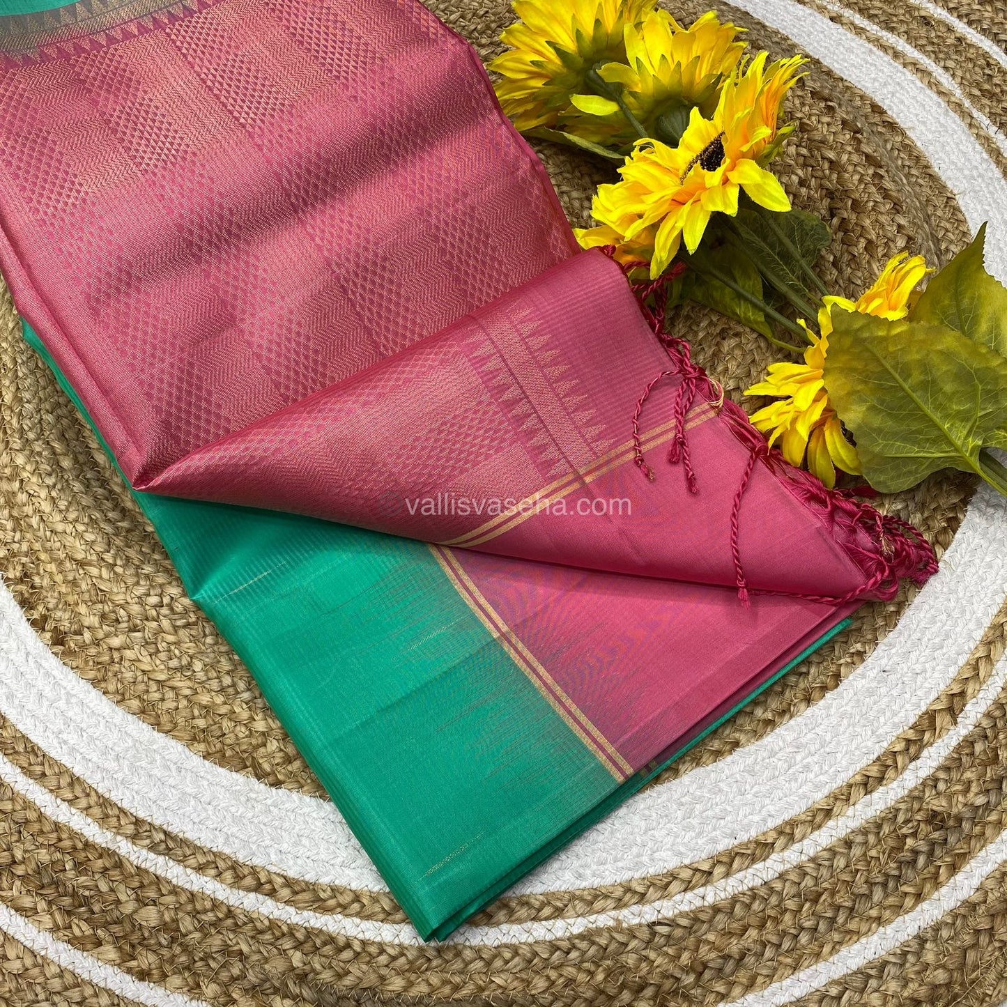 Pure Soft Silk Saree - Mallika Mottu Design / Rain Drop Design - Sea Green with Peachish Pink - VVPSS021