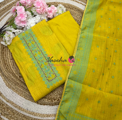 Unstitched Soft Cotton Material  | Yellow With Blue | VVUSM045