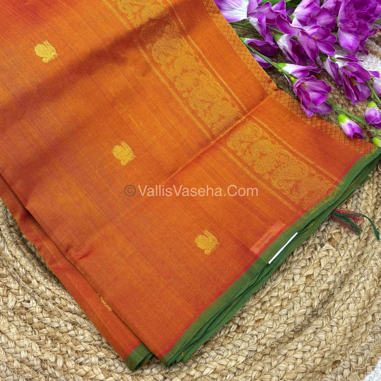 Pure Silk Cotton Saree - Orange With Green  Shade - VVPSC002