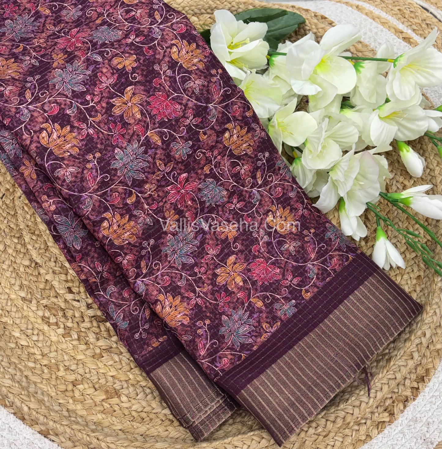 Light Weight Fancy Mixed Kota Cotton - Floral Design Printed Saree - Wine Shade - VVKPC002
