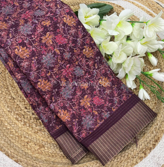Light Weight Fancy Mixed Kota Cotton - Floral Design Printed Saree - Wine Shade - VVKPC002