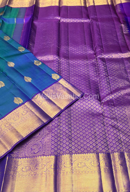 Pure Kanchipuram Silk Saree - Peacock Blue With Purple Shade  - VVPS022