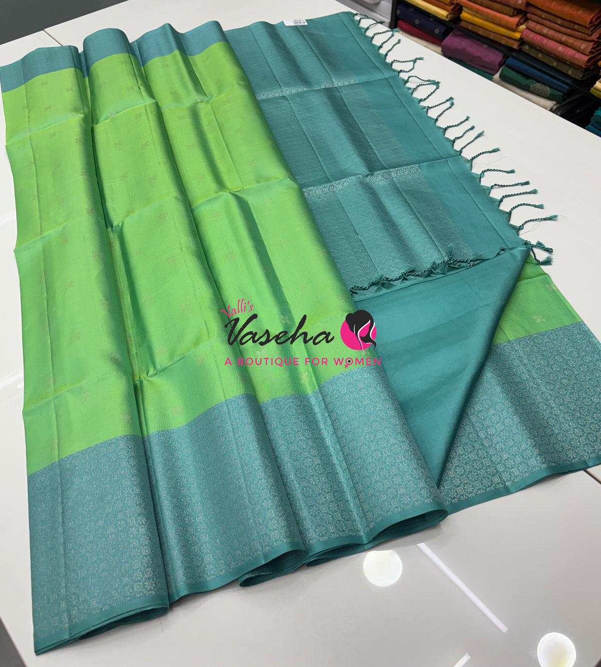 Pure Soft Silk Saree - Light Green & Blue - VVPSS126