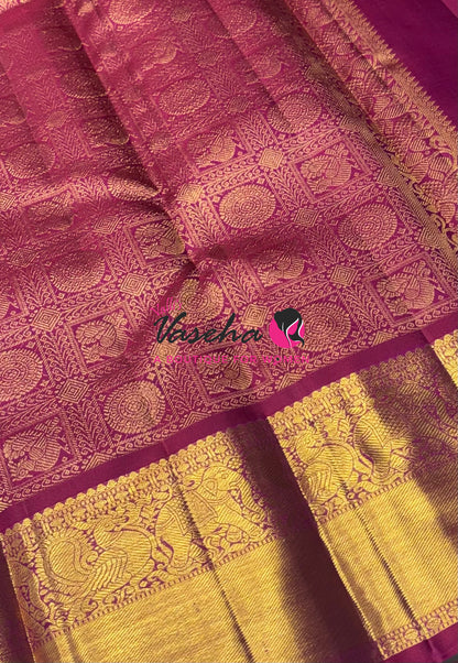 Pure Kanchipuram Silk Saree - Dual Tone Gold & Pink Combo - VVPS025