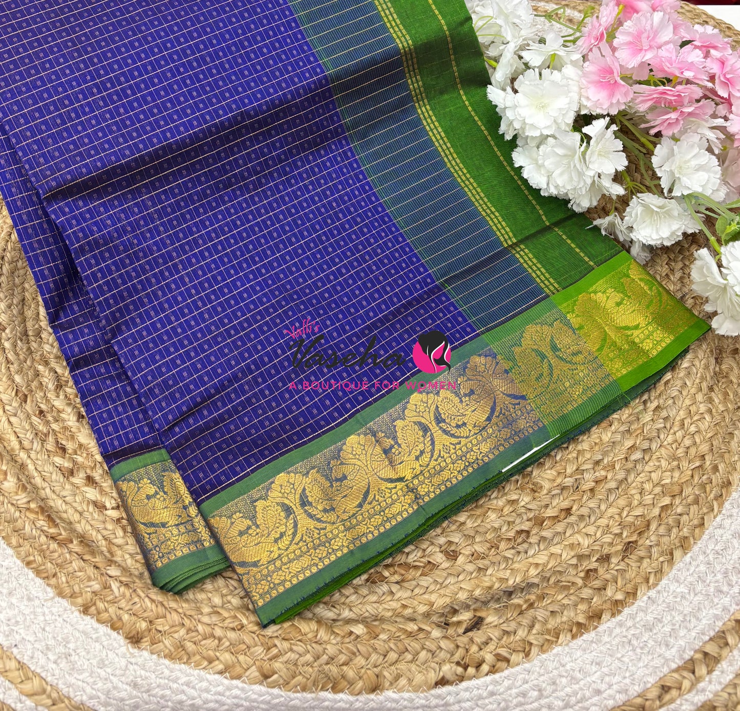 Pure Silk Cotton Saree - Blue With Green - Lakshadeepam Design - VVPLD004