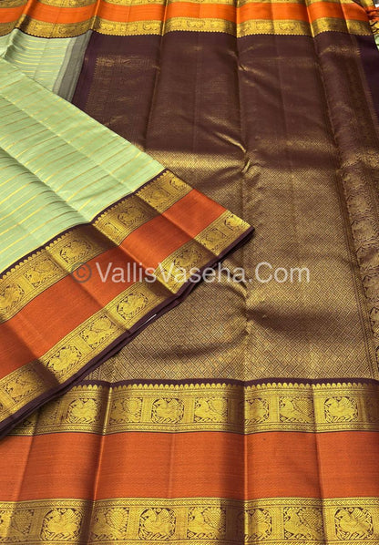 Pure Vintage Korvai Kanchipuram Silk Saree - Pastel Green & Wine Brown Combo - VVPS034