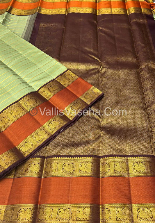 Pure Vintage Korvai Kanchipuram Silk Saree - Pastel Green & Wine Brown Combo - VVPS034