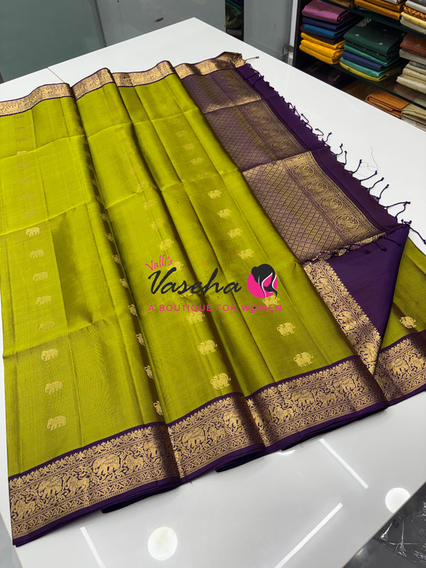 Pure Soft Silk Saree - Kanchi Border - Green & Wine purple Combo - VVPSS015