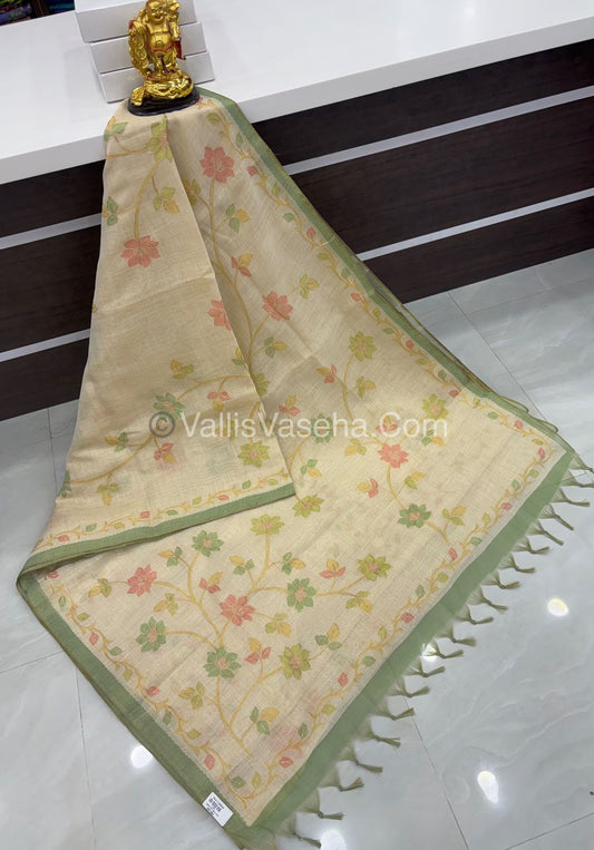 Tissue Linen Saree - Cream With Green Shade - VVTLS003