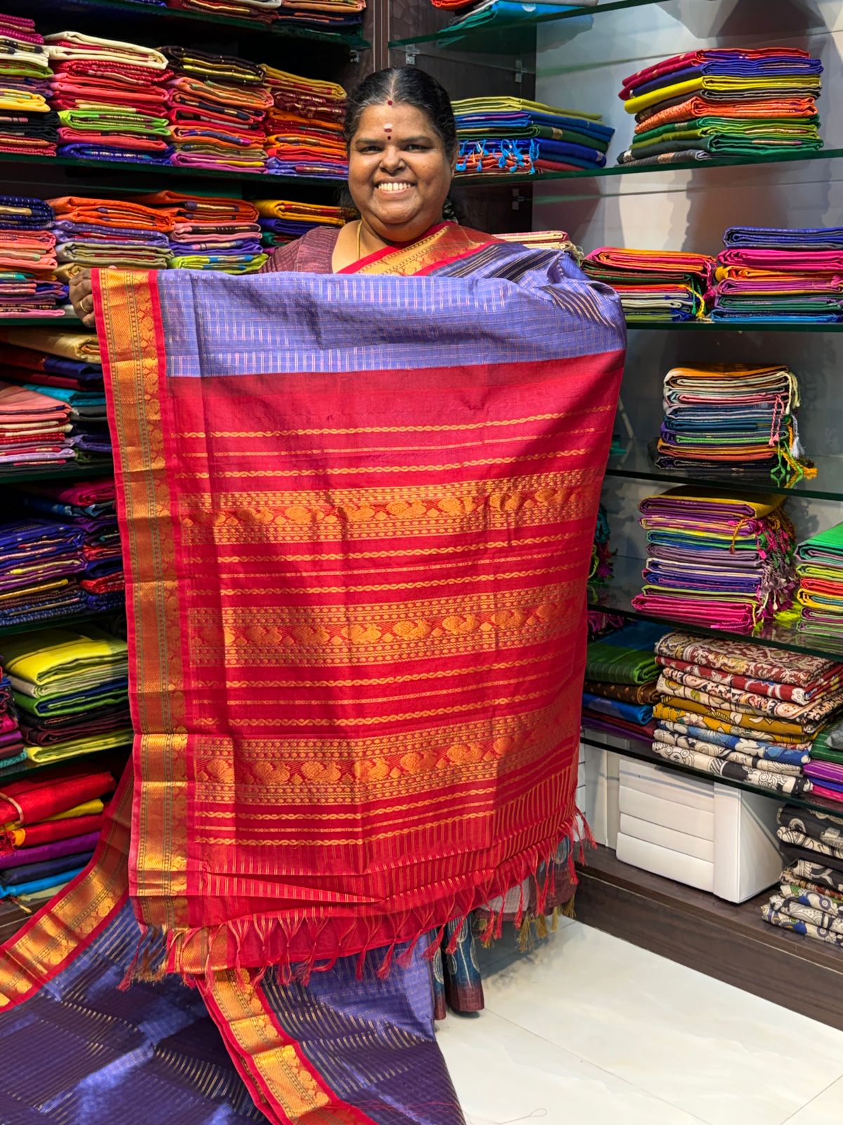 Pure Korvai Silk Cotton - Dark Lavender& Red Combo - VVKSC010