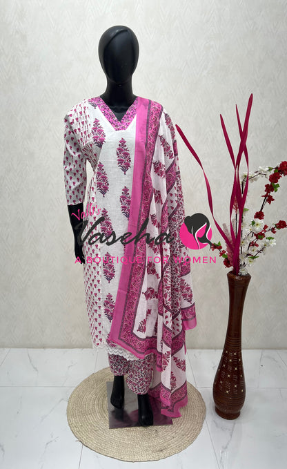 Ready Made | Anarkali |Salwar, Kameez & Duppatta(3pc)|Cotton |White & Pink - VVAS010