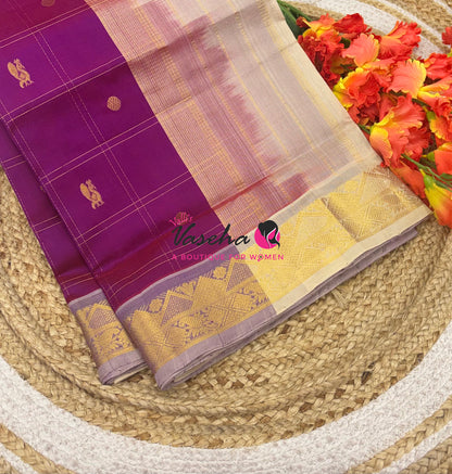 Pure Korvai Silk Cotton - Checks Pattern - Purplish Pink with Cream Shade  - VVKSC035