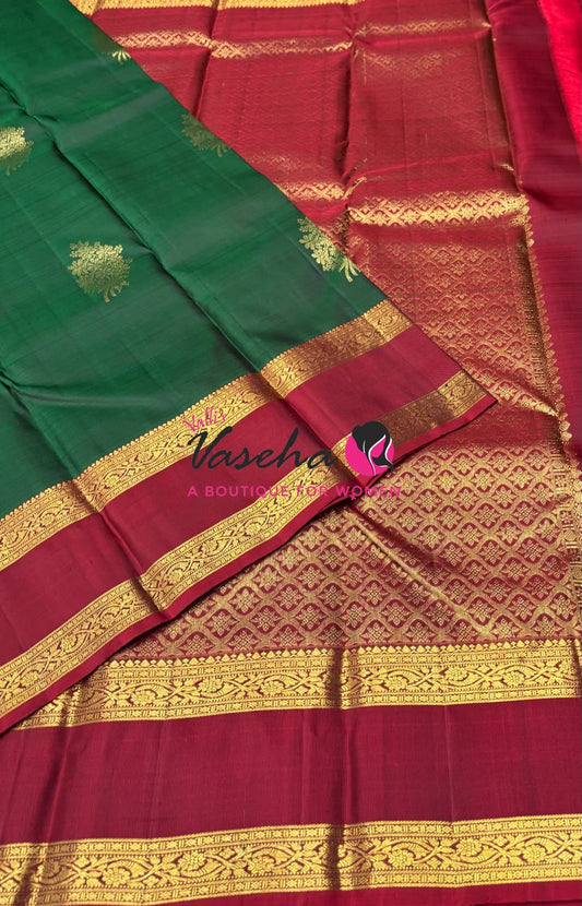 Pure Kanchipuram Silk Saree - Green & Merunish Red Shade  - VVPS022