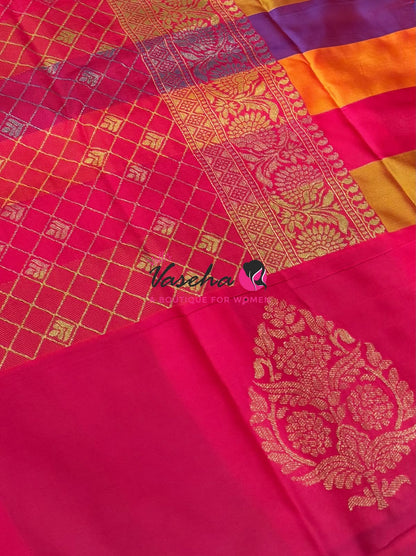 Semi Soft Silk  - Madras Checks Pattern - Pink Shade  - VVSSS042