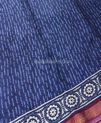 Semi Maheshwari Mixed Cotton Saree - Linen Feel - Indigo Blue & Purplish Pink - VVMSC003