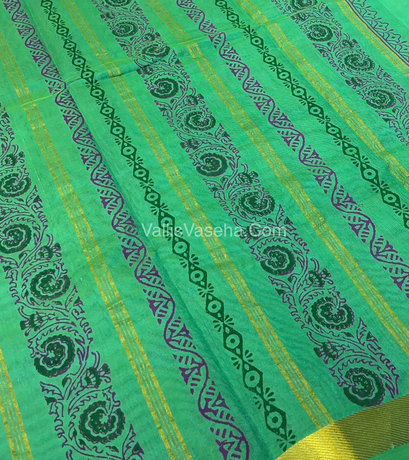 Pure Printed Silk Cotton Sarees - Purplish Pink with Green - VVPSC003