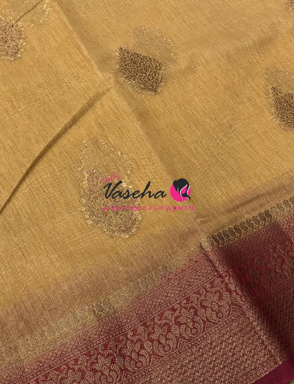 Bamboo Silk Saree - Cream  With Maroon - VVBSS018
