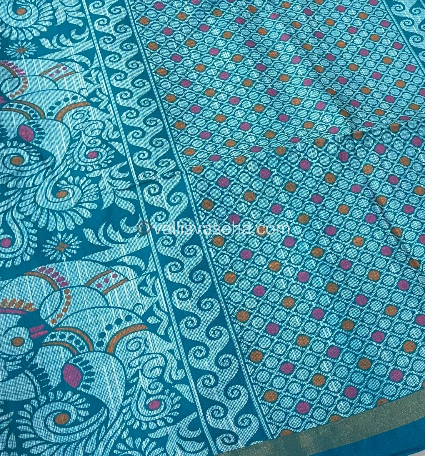 Semi Tussar / Semi Chappa Silk |Peacock Design | - Cream & Ramar Blue Combo - VVSTS018
