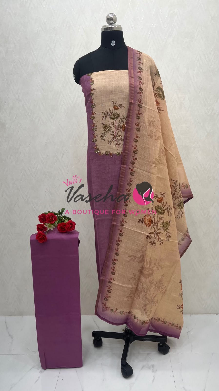 Unstitched Linen Tissue Material  | Pinkish Lavender With Cream | VVUSM049