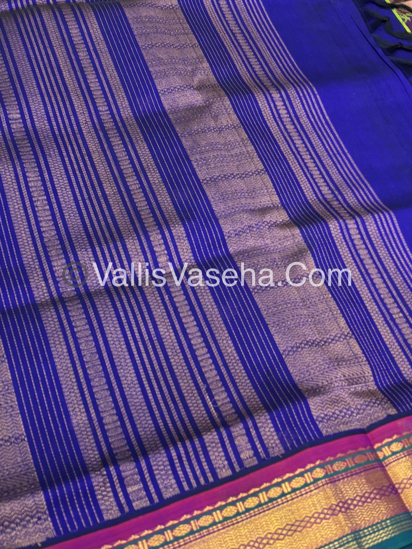 Pure Korvai Silk Cotton Saree - Sneha Green With Blue Combo - VVKSC004