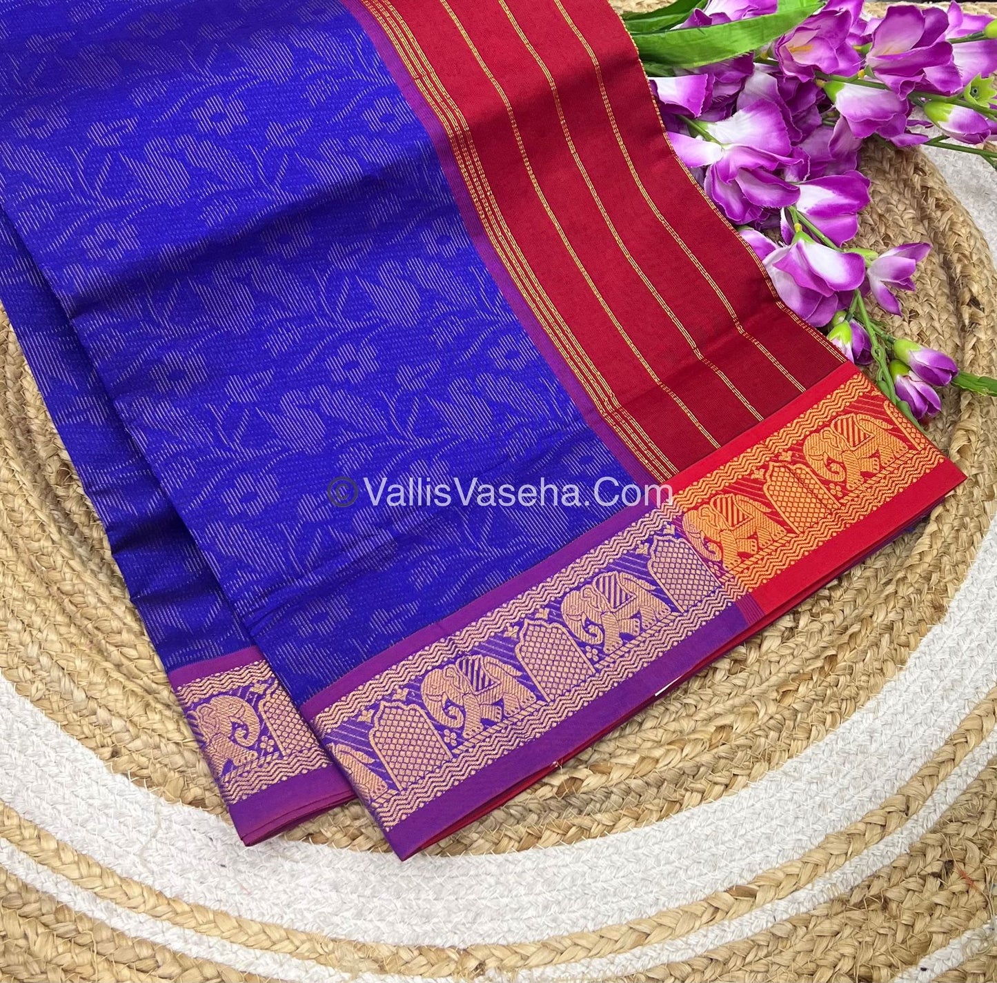 Semi Silk Cotton Saree - Blue With Reddish Maroon Shade - VVSSC007