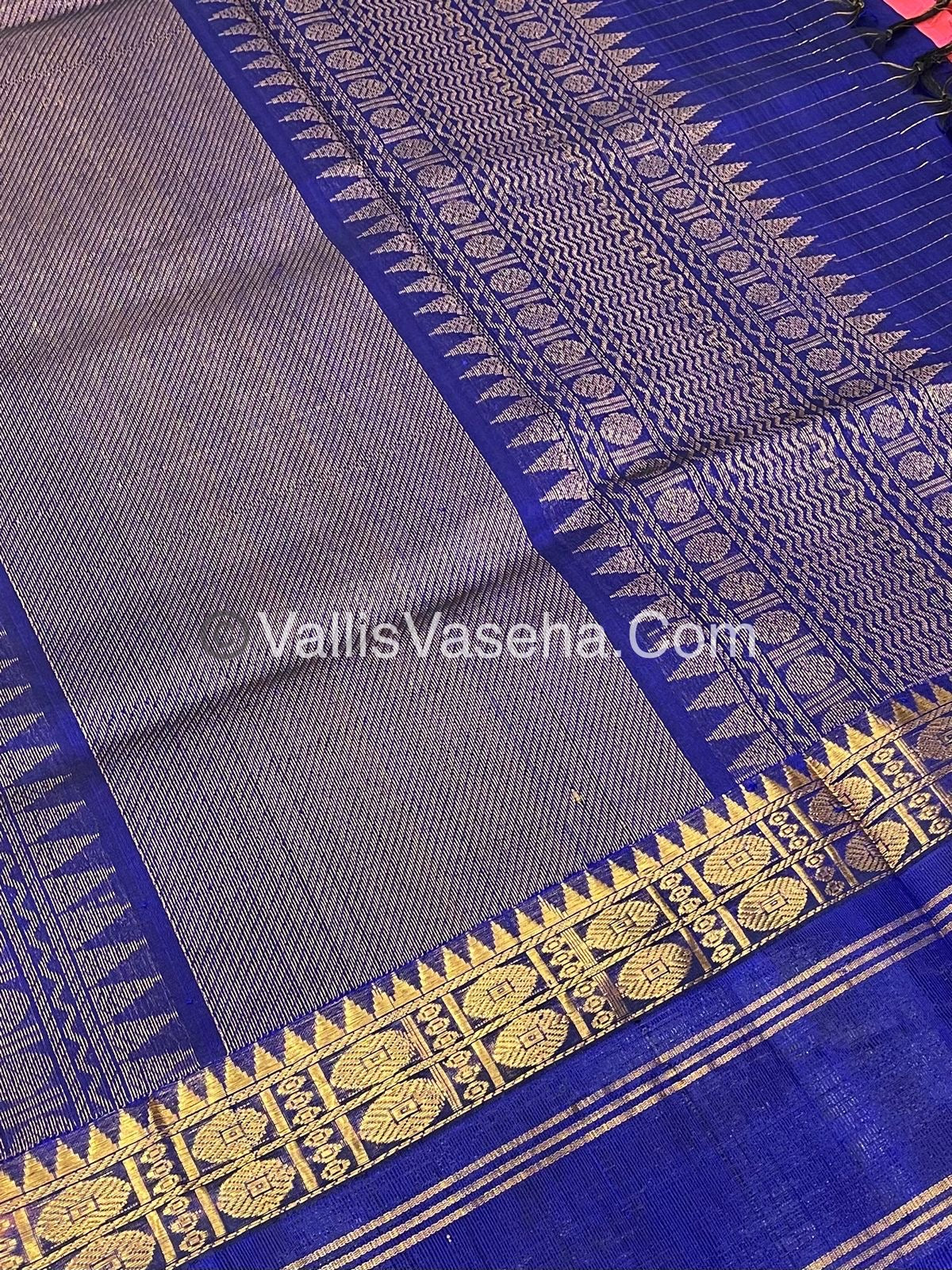 Pure Korvai Silk Cotton - Retta Petta Border - Pink with Blue Combo - VVKSC010