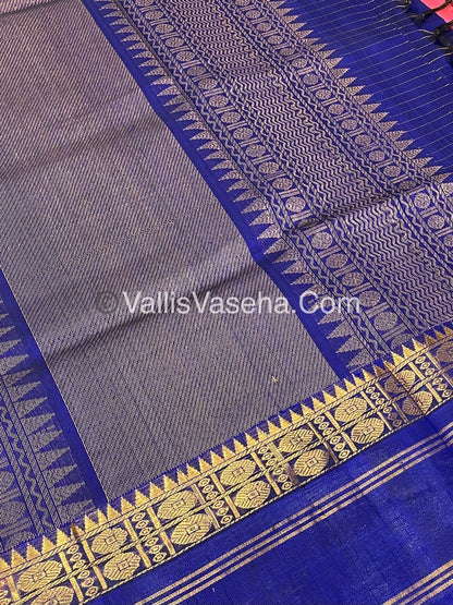 Pure Korvai Silk Cotton - Retta Petta Border - Pink with Blue Combo - VVKSC010