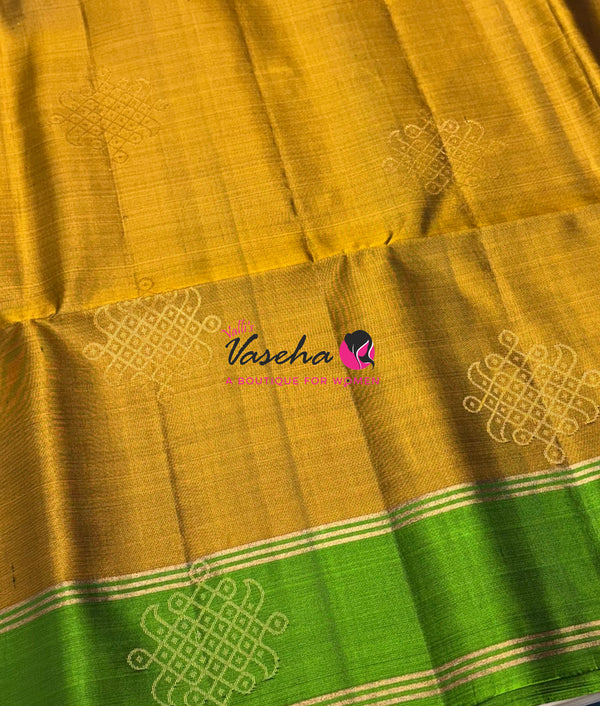 Pure Soft Silk Saree  - Kolam Weaving  - Mustard Yellow & Green Combo - VVPSS160