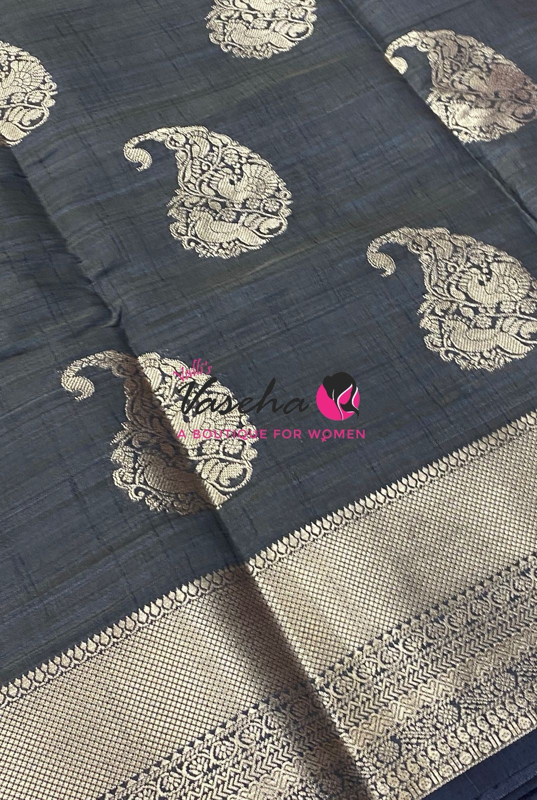 Semi Tussar Silk Saree | Black Shade |VVSTS055