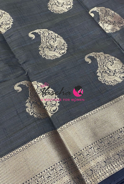 Semi Tussar Silk Saree | Black Shade |VVSTS055