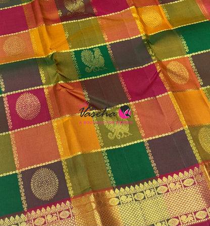 Pure Vintage Korvai Kanchipuram Silk Saree - Pazhum Pazhamum Checks - VVPS061