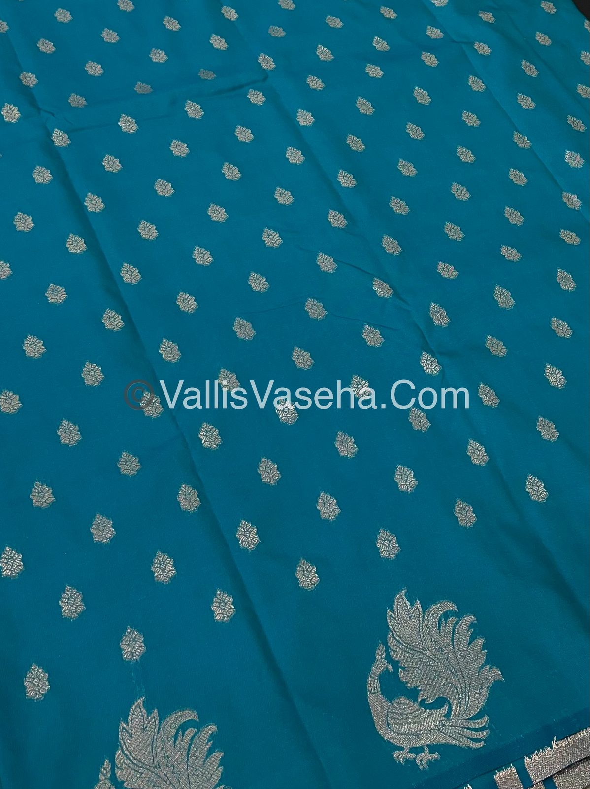 Semi Soft Silk - Peacock Butta Border - Turquoise blue Shade -VVSSS014