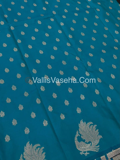 Semi Soft Silk - Peacock Butta Border - Turquoise blue Shade -VVSSS014