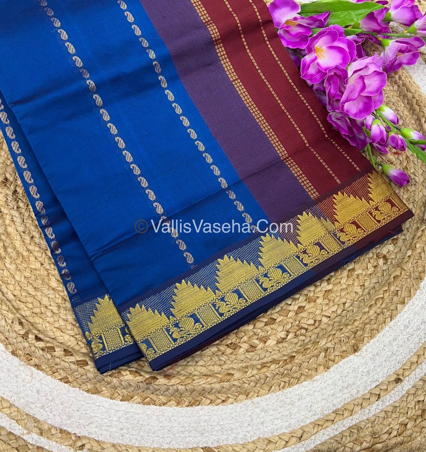 Semi Silk Cotton Saree - Blue With Maroon Shade - VVSSC005